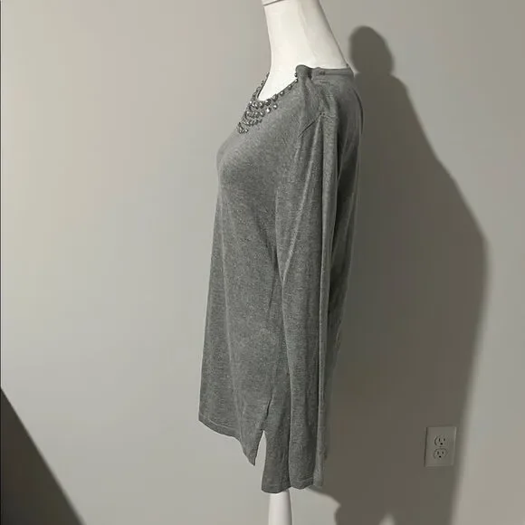 Gray Long Sleeve Tunic Top with Studded Neckline - Picture 4 of 5